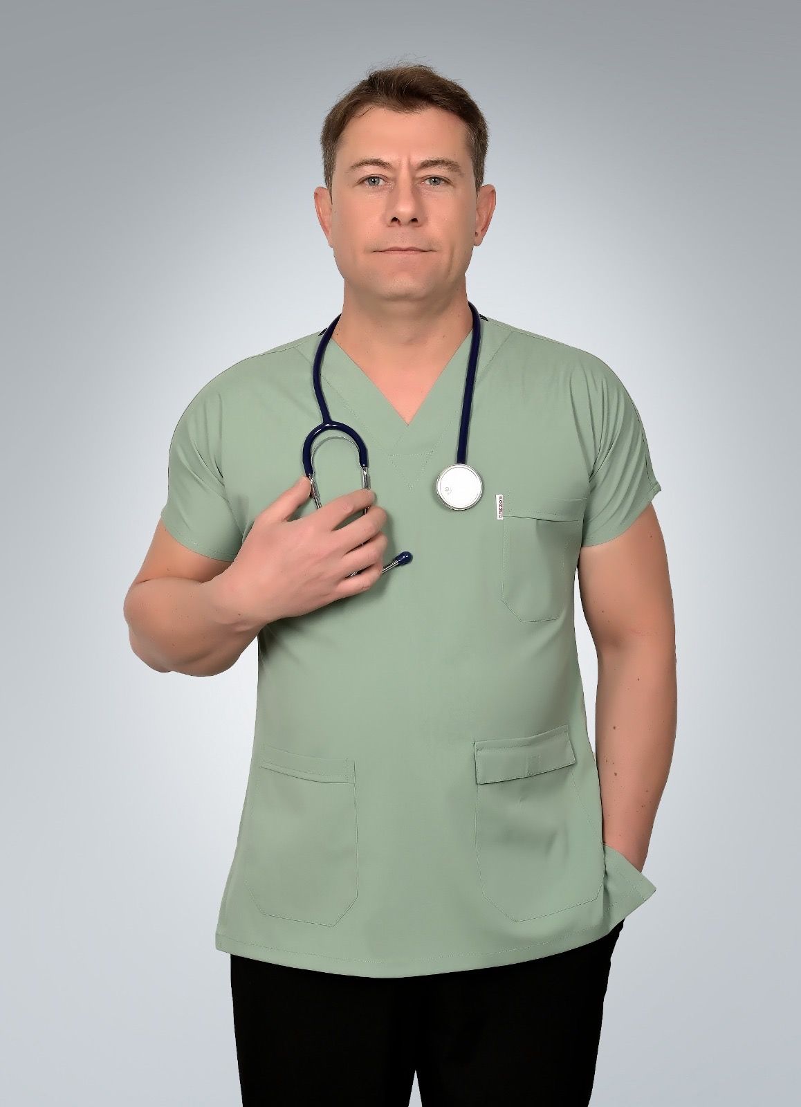 Formed Likralı Kumaş Erkek Üst Mint Yeşili + Alt Siyah Doktor Hemşire Forması