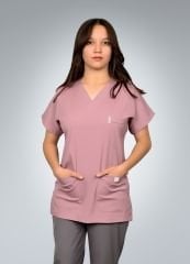 Formed Likralı Kumaş Kadın Üst Pudra Pembesi + Alt Gri Doktor Hemşire Forması