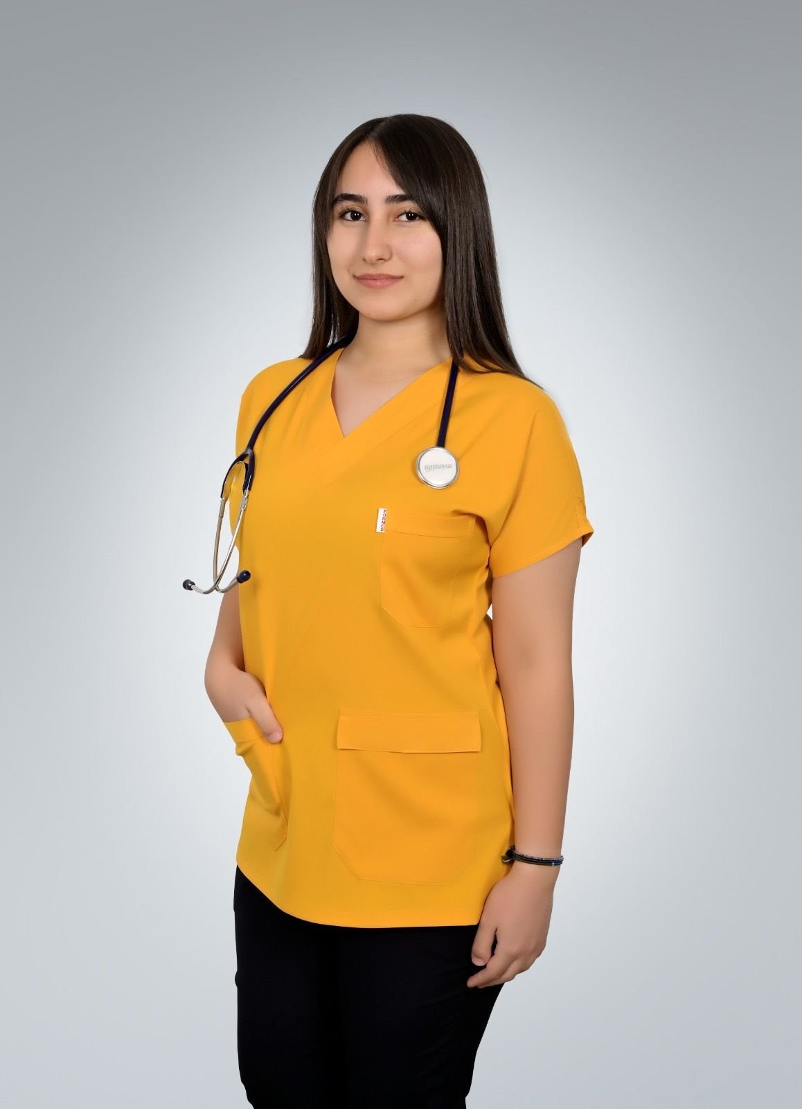 Formed Likralı Kumaş Kadın Üst Sarı + Alt Siyah Doktor Hemşire Forması