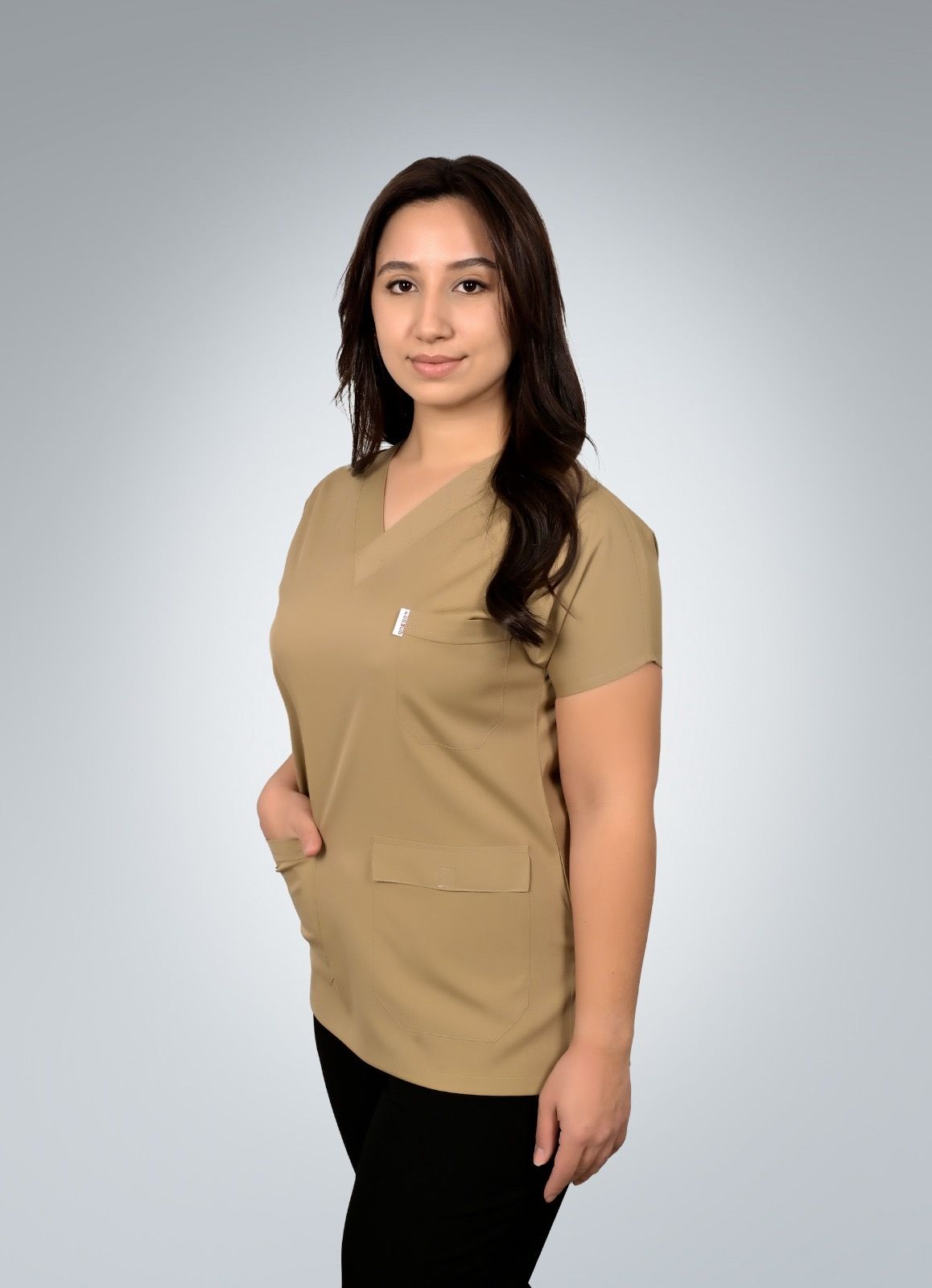 Formed Likralı Kumaş Kadın Üst Bej + Alt Siyah Doktor Hemşire Forması