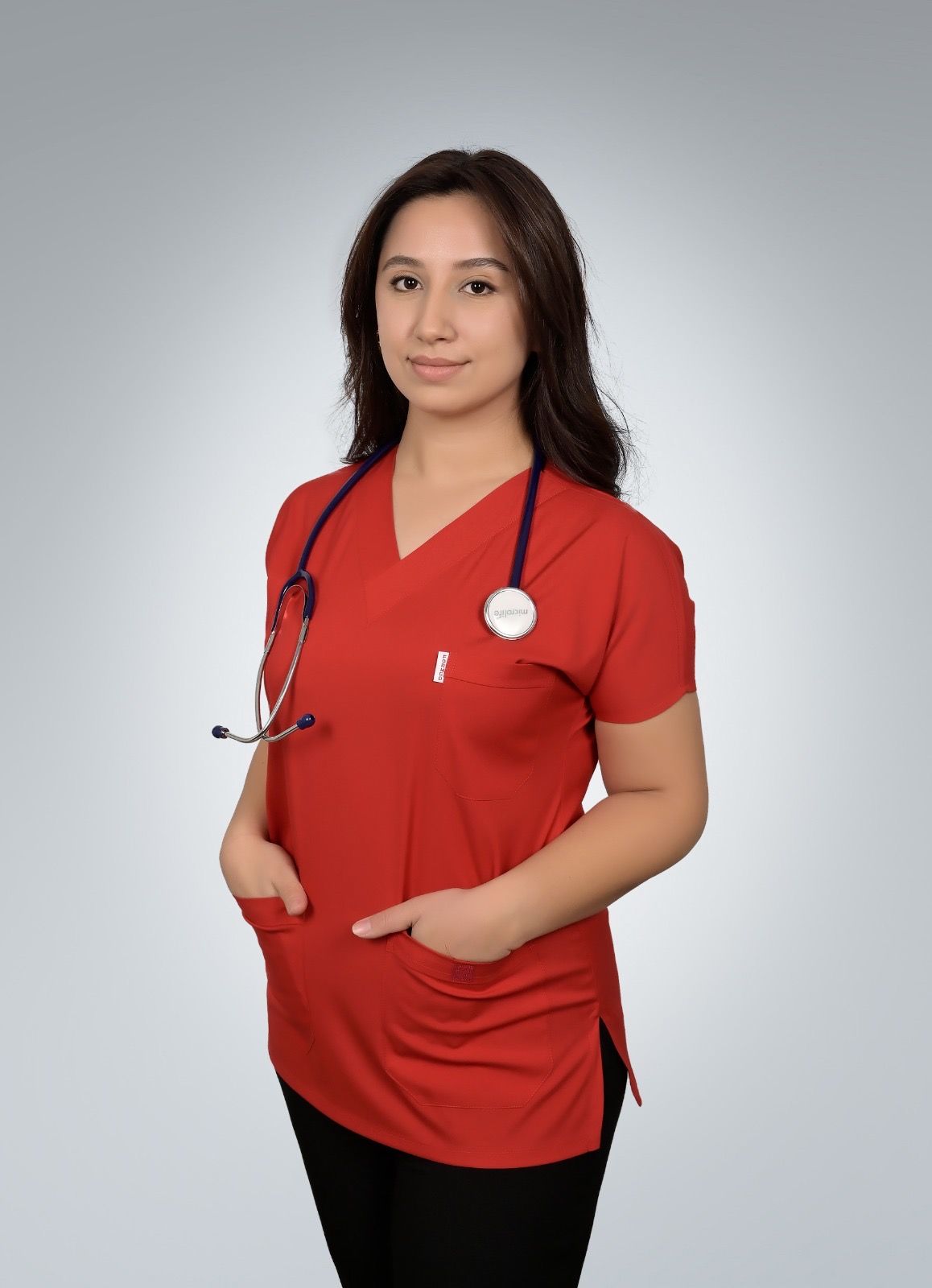 Formed Likralı Kumaş Kadın Üst Kırmızı + Alt Siyah Doktor Hemşire Forması