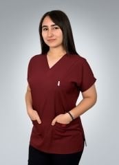 Formed Likralı Kumaş Kadın Üst Bordo + Alt Siyah Doktor Hemşire Forması