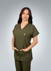 Formed Likralı Kumaş Kadın Haki Yeşili Doktor Hemşire Forması