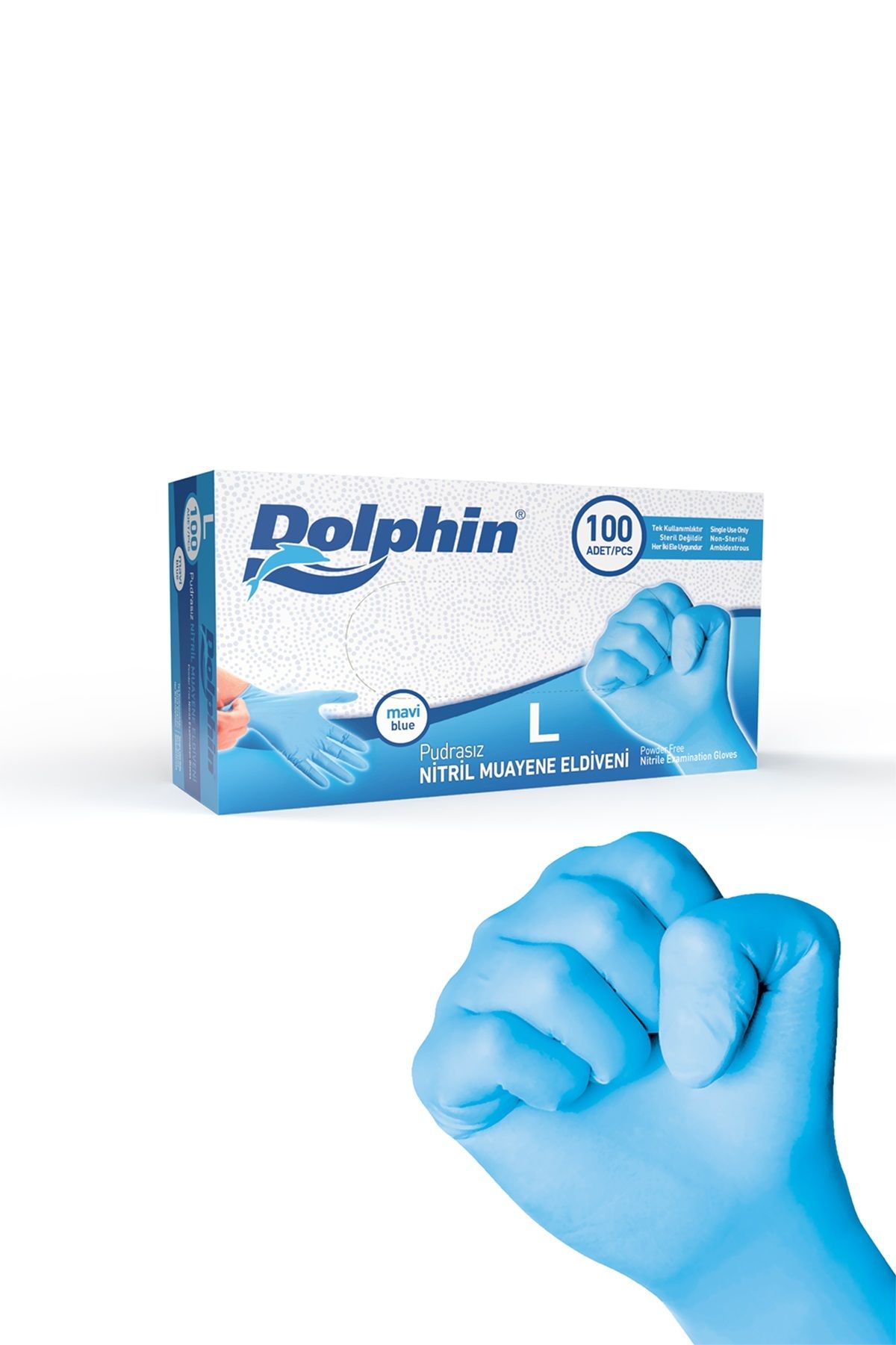 Eldiven Dolpin Nitril Mavi Pudrasız 100 lü L