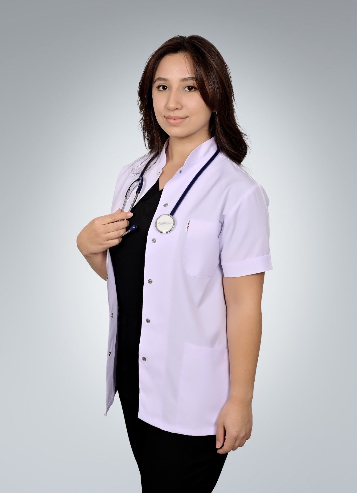 Formed Alpaka Kumaş Kadın Kısa Kol, Kısa Boy, Hakim Yaka Vizite Önlük (729K)