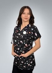 Formed Likralı Kumaş Unisex Gezegen Desenli Üst + Alt Siyah Doktor Hemşire Forması