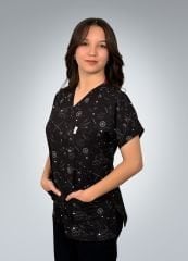 Formed Likralı Kumaş Unisex Geometri Desenli Üst + Alt Siyah Doktor Hemşire Forması